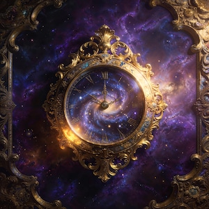 Pode incluir: Relógio dourado ornamentado com um design celestial. O mostrador do relógio apresenta um padrão de galáxia em espiral com algarismos romanos. O relógio está emoldurado em uma moldura dourada decorativa em um fundo de uma nebulosa roxa e azul.