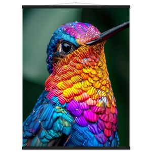 Pode incluir: Imagem vibrante e em close-up de um beija-flor com penas iridescentes. A plumagem da ave transita do azul para o roxo, laranja e amarelo. O olho do pássaro é escuro e focado, e seu longo bico é visível. O fundo é um verde suave.