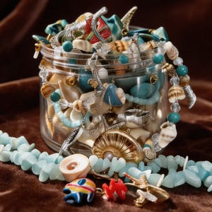 May include: A clear glass jar overflowing with seashells, beads, and decorative charms. The contents include turquoise beads, silver-toned pendants, and various shell shapes. A light blue beaded necklace and several small charms are in the foreground.