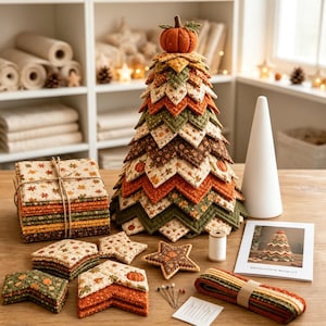 Puede incluir: Un kit de manualidades en tela que incluye un árbol acolchado en forma de cono rematado con una pequeña calabaza, pilas de cuadrados de tela con estampados de hojas otoñales y calabazas, piezas de tela en forma de estrella, hilo, alfileres y un manual.