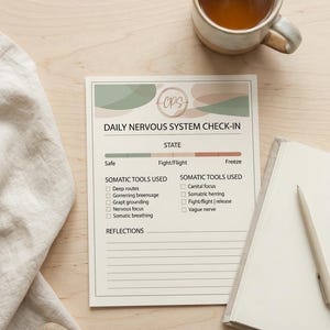 May include: A "Daily Nervous System Check-In" worksheet with a cup of tea, a notebook, and a pen. The worksheet includes sections for "Safe", "Fight/Flight", and "Freeze" states, and "Somatic Tools Used".