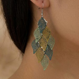 Filigree Leaf Drop Earrings Multi Color Nature Inspired Layered Foliage Dangle Jewelry