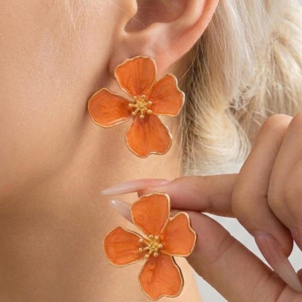 Orange Flower Enamel Earrings, Handmade Floral Studs, Vibrant Summer Jewelry Gift