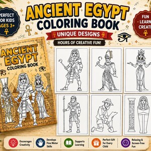 May include: An Ancient Egypt colouring book featuring a tan cover with black line art of pharaohs and pyramids. The book includes six interior pages with black and white illustrations of Egyptian figures, a sarcophagus, and an explorer.