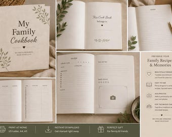 Libro de recetas familiares imprimible / Cuaderno de recetas en blanco / Libro de cocina en PDF / Descarga instantánea