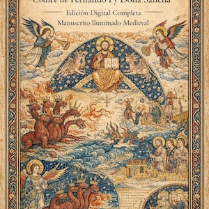 Puede incluir: Ilustración detallada del manuscrito "Beato de Liébana". La imagen presenta figuras religiosas, ángeles y criaturas míticas, con texto en español. La obra de arte está enmarcada con un borde ornamentado y tiene un estilo medieval.