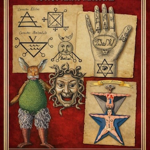 May include: A red book cover titled Compendium Rarissimum Totius Artis Magicae featuring occult illustrations including a hand with symbols, a sun face, a rabbit-like creature, a Medusa-like head, and two figures on a star, with 18th-century text.