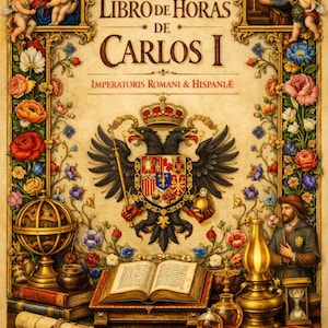 Puede incluir: Una portada de libro ornamentada con el título "Libro de Horas de Carlos I", rodeada de imágenes florales y religiosas. La portada presenta un escudo de águila bicéfala, ilustraciones y el texto "Flandria MDXXX".