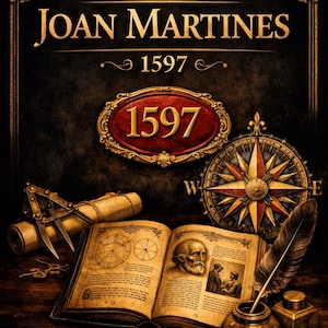 Può includere: Un libro intitolato Atlas of Joan Martines 1597 con una pagina aperta che mostra un ritratto e dei diagrammi. Accanto si trovano un compasso in metallo, una pergamena arrotolata, una rosa dei venti e una penna in un calamaio su sfondo scuro.