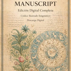 May include: Digital download of the Voynich Manuscript. The cover features the title and text in Spanish, with an illustration of plants and a zodiac wheel in blue and beige tones.