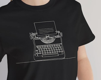 Camiseta com estampa de máquina de escrever, camiseta vintage com arte de linha de escritor, camiseta de autor