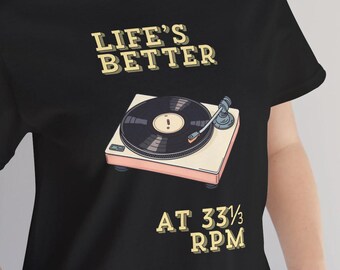Camiseta retrô de vinil | Camiseta para amantes de música com toca-discos de 33 1/3 RPM