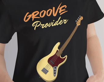 Camiseta Groove Provider Bass Guitar | Camiseta com estampa retrô de baixista | Presente para baixista e amante da música
