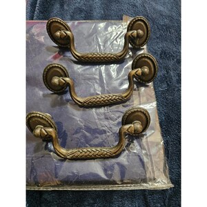 Vintage Braided Metal Drawer Pulls Set of 3 Aged Brass Bail Handles Backplates