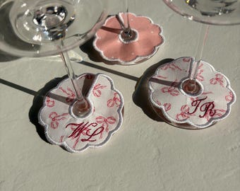 Custom Embroidered Wine Stem Tag - Pink and White Bows and Polka Dots