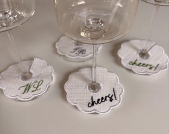 Custom Embroidered Wine Stem Tag - White Linen