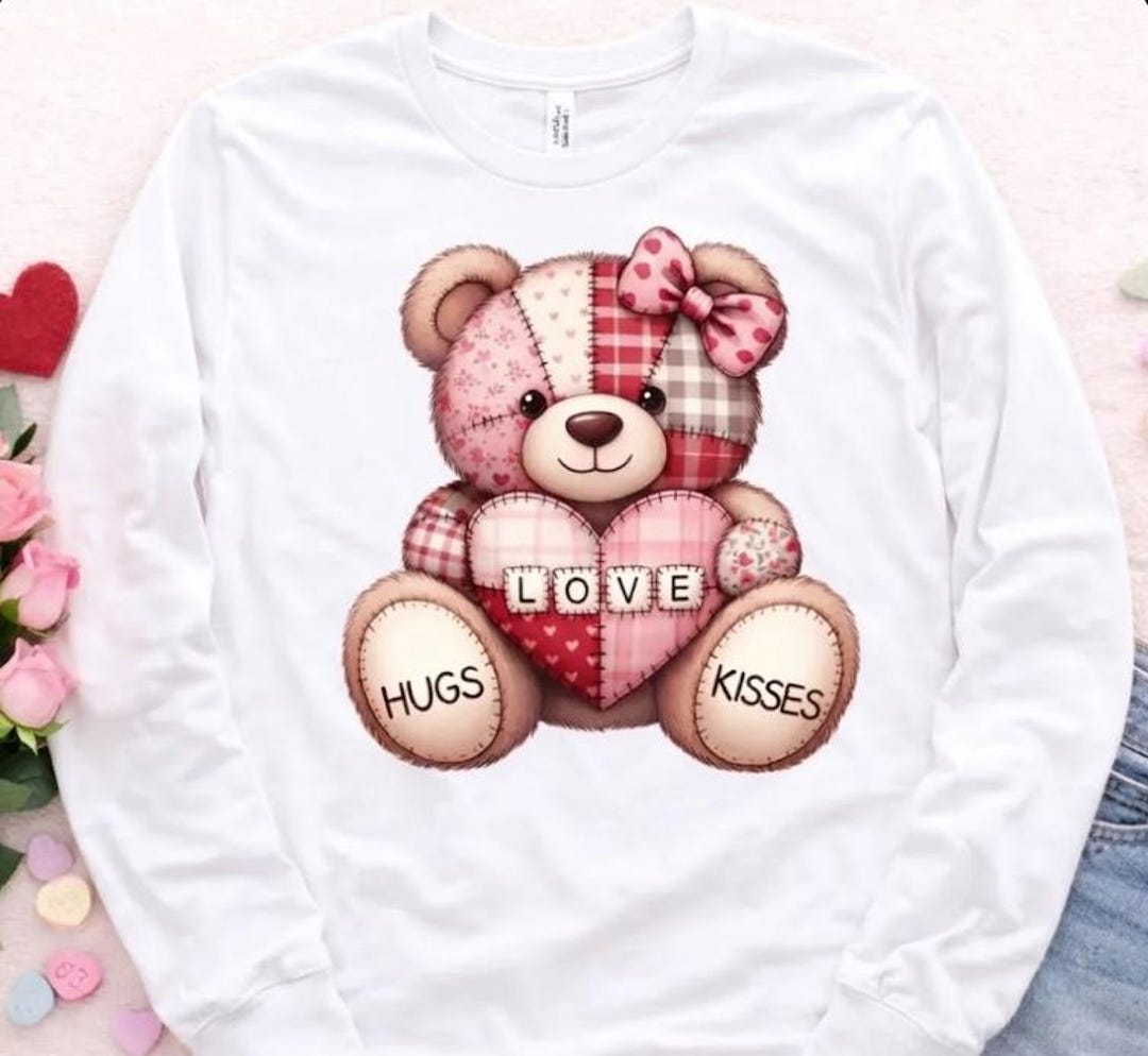 Patchwork Teddy Bear PNG | Valentine Hugs Kisses Sublimation Design ...