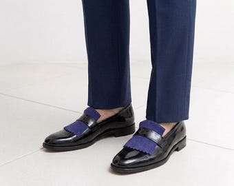 Mens Handmade Black Leather Loafers with Kiltie Fringen | Blue Suede Tassel Slip On Shoes for Wedding |Formal Wear |  Gift for Him