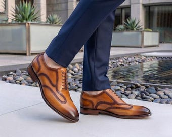 Mens Tan Wingtip Oxford Shoes | Handmade Leather Swirl Brogue Dress Shoe | Wedding Office Formal | gift for him