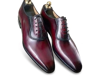 Handmade Burgundy Whole Cut Oxford Shoes Men | Patina Leather Formal Dress Shoes | Wedding Bespoke Calf