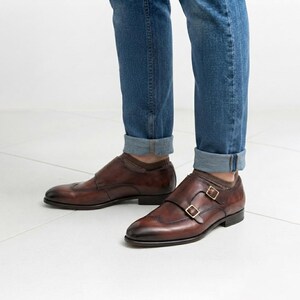 Sapatos masculinos Double Monk Strap | Brogue Wingtip em couro feito à mão | Sapatos sociais bicolor marrom e preto | Presente para noivo, casamento ou escritório