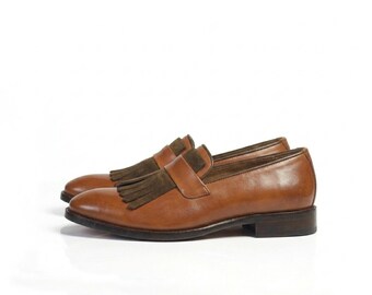 Handmade Mens Leather Fringe Loafer | Tan Brown Suede Kiltie Slip On Dress Shoe | Luxury Wedding Loafer for Men