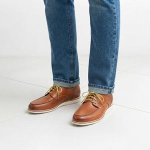 Mens Handmade Moc Toe Derby Shoes, Cognac Leather Dress Shoes | Groomsmen Gift for Him | Full Grain Leather Oxford | All Sizes