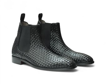 Handmade Woven Leather Chelsea Boots | Mens Full Grain Hand-Woven Ankle High Slip-On Boots | Formal & Casual Business Dress Footwear | Black