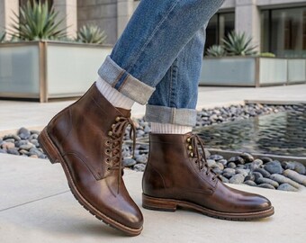 Mens Brown Leather Lace Up Boots Handmade Vintage Derby Ankle Boot Casual Dress Gift for Him