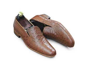Mens Handmade Brown Ostrich Leather Loafers | Luxury Slip On Exotic Dress Shoes | Bespoke Gift Him