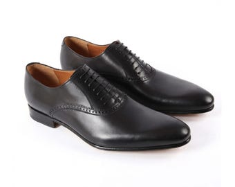Herren Schwarz Leder Oxford Schuhe Brogue Detail Lace Up Dress Schuh Hochzeit Büro Formelle Schuhe