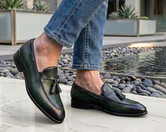 Mens Green Leather Tassel Loafer, Handmade Slip On Dress Shoe, Cap Toe Wedding Office Gift Lace Up