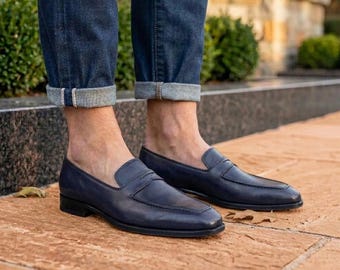 Handmade Navy Blue Leather Penny Loafers for Men | Premium Slip-On Dress Shoes | Business Casual Wedding Gift Formal Loafer
