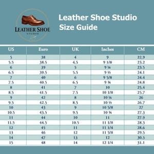 May include: A Leather Shoe Studio size guide chart on a blue background. The chart displays columns for US, Euro, UK, inches, and cm sizes, ranging from US size 5 to 15. A circular logo featuring a brown leather dress shoe is at the top left corner.