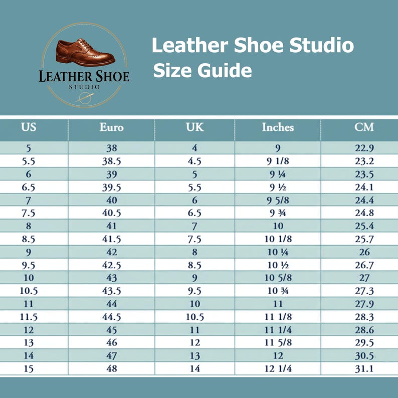 May include: A Leather Shoe Studio size guide chart on a blue background. The chart displays columns for US, Euro, UK, inches, and cm sizes, ranging from US size 5 to 15. A circular logo featuring a brown leather dress shoe is at the top left corner.