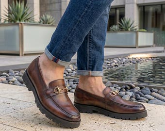 Mens Brown Leather Horsebit Loafer Lug Sole Gold Buckle Slip On Office Wedding Dress Shoe gift for him