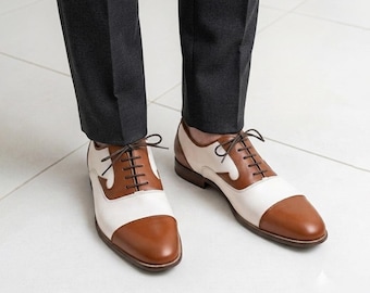 Mens Two Tone Oxford Shoes | Brown White Spectator Leather Dress Shoes | Cap Toe Wedding Groom Gift