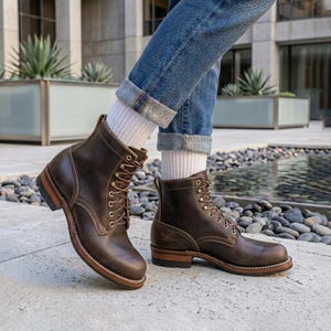 May include: A pair of dark brown leather lace-up boots with a rounded toe, a stacked wooden heel, and a thick rubber sole. The boots are worn with blue denim jeans featuring cuffed hems and white ribbed crew socks that extend above the ankle.