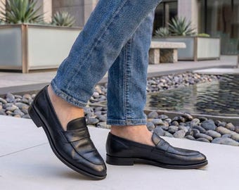 Mens Leather Penny Loafers - Handmade Slip-On Dress Shoes for Wedding, Groom, Office and Formal Wear gift for him