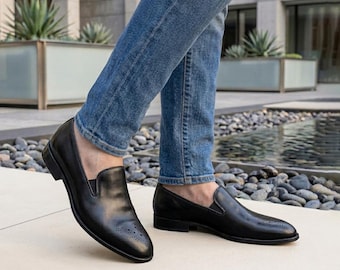 Handmade Black Leather Brogue Loafers  Perfect for Weddings, Office, and Formal Events