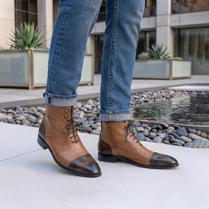 Mens Vintage Wingtip Boots | Two-Tone Leather Lace-Up | Handmade Cap Toe Ankle Boots Gift for Him