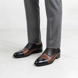 Mens Leather Oxford Shoes, Black and Brown Crocodile Embossed Cap Toe Dress Shoes | Handmade Groom Wedding Footwear | gift for him