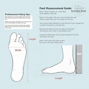 May include: A light blue instructional graphic titled Foot Measurement Guide by Leather Shoe Studio. It features diagrams of a foot with labels for Length and Width, alongside text instructions for measuring feet in centimetres for proper shoe fitting.
