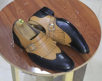 Men Black Tan Leather Monk Strap Shoe | Kiltie Fringe Brogue | Wedding Gift for Him | Custom Made
