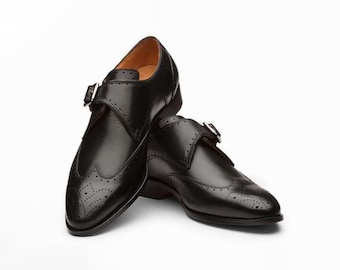 Mens Handmade Black Leather Single Monk Strap Wingtip Brogue Shoes Silver Buckle Formal Wedding Dress Shoes