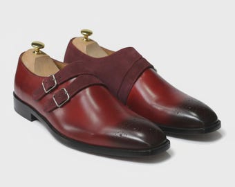 Scarpe da uomo bordeaux con doppia fibbia, fatte a mano / Brogue in pelle scamosciata con punta rinforzata, formali, regalo di nozze