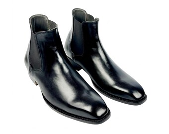 Handmade Mens Black Leather Chelsea Boots | Square Toe Slip On Dress Ankle Boots Gift For Him