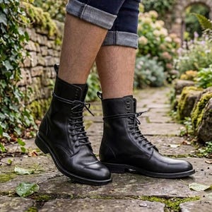 Mens Black Leather Combat Boots Handmade Lace Up Military Army Boots Custom Dress Boot Men Gift
