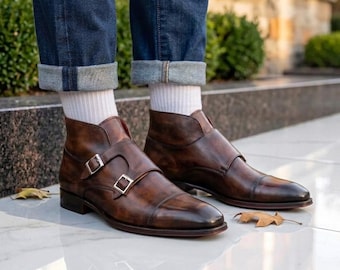 Handmade Brown Double Monk Strap Boots for Men | Premium Burnished Leather Cap Toe Buckle Ankle Dress Boots