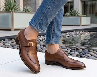 Mens Premium Brown Leather Monk Strap Shoes – Gold Buckle Formal Wedding and Office Dress Shoes gift for him